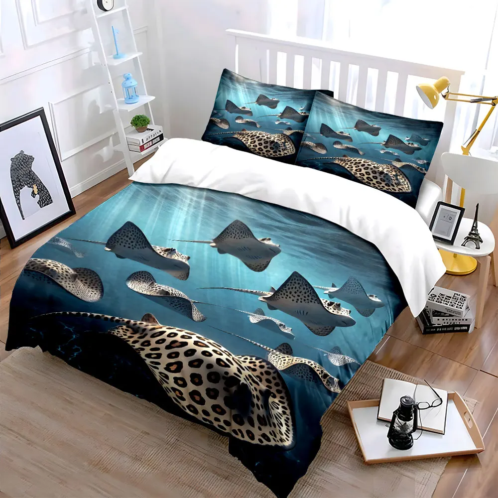 Spotted Eagle Rays Swimming Bedding Set for Kids Luxury Gift 3pcs Digital Print Comforter Set Soft Comfortable Breathable