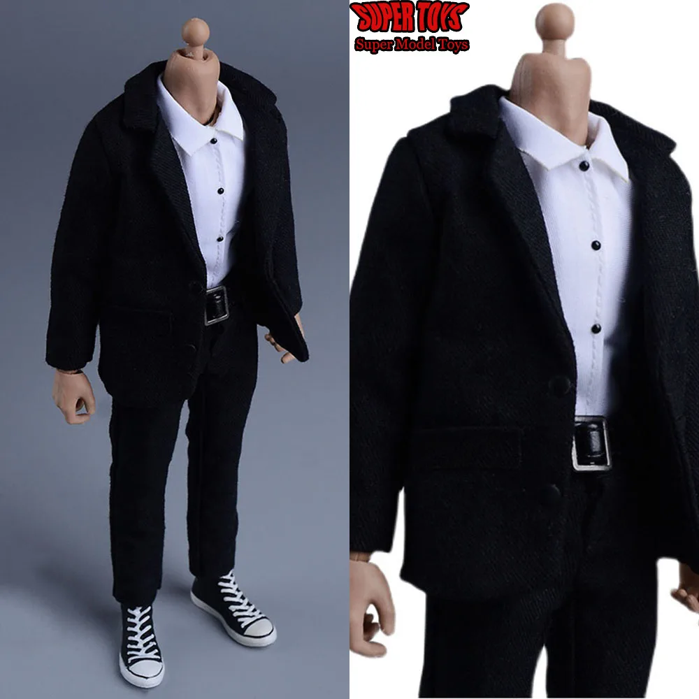 1​/12 Male Soldier Black Suit Set Clothes Sleeveless Shirt Metal Buckle Belt  Western Pants Accessory Fit 6 " Action Figure Body