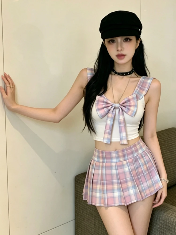 Cute School Uniform Style Plaid  Skirt Sexy Backless Tie Dotted Vest Two Piece Set Women's Fashion Summer Outfit