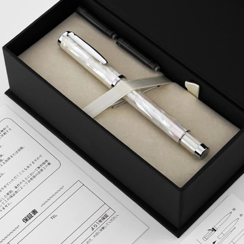 18K Gold Tip Pent FP-WhiteShell JAPANESE Fountain Pen Luxury Geman Schmidt F/M 0.5/0.7 Black Resin Novel Designer INK Pens