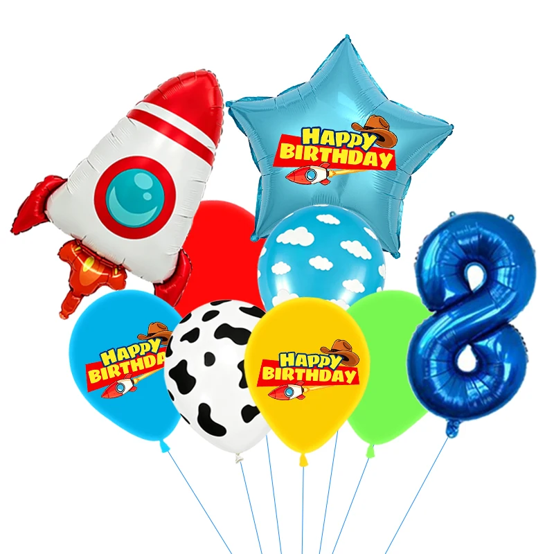 Rote, gelbe und grüne Spielzeugballons, hellblaue Ballons mit Wolken- und Kuhmuster für die Dekorationen zu Babystory- und Cowboy-Partys – Detail 9