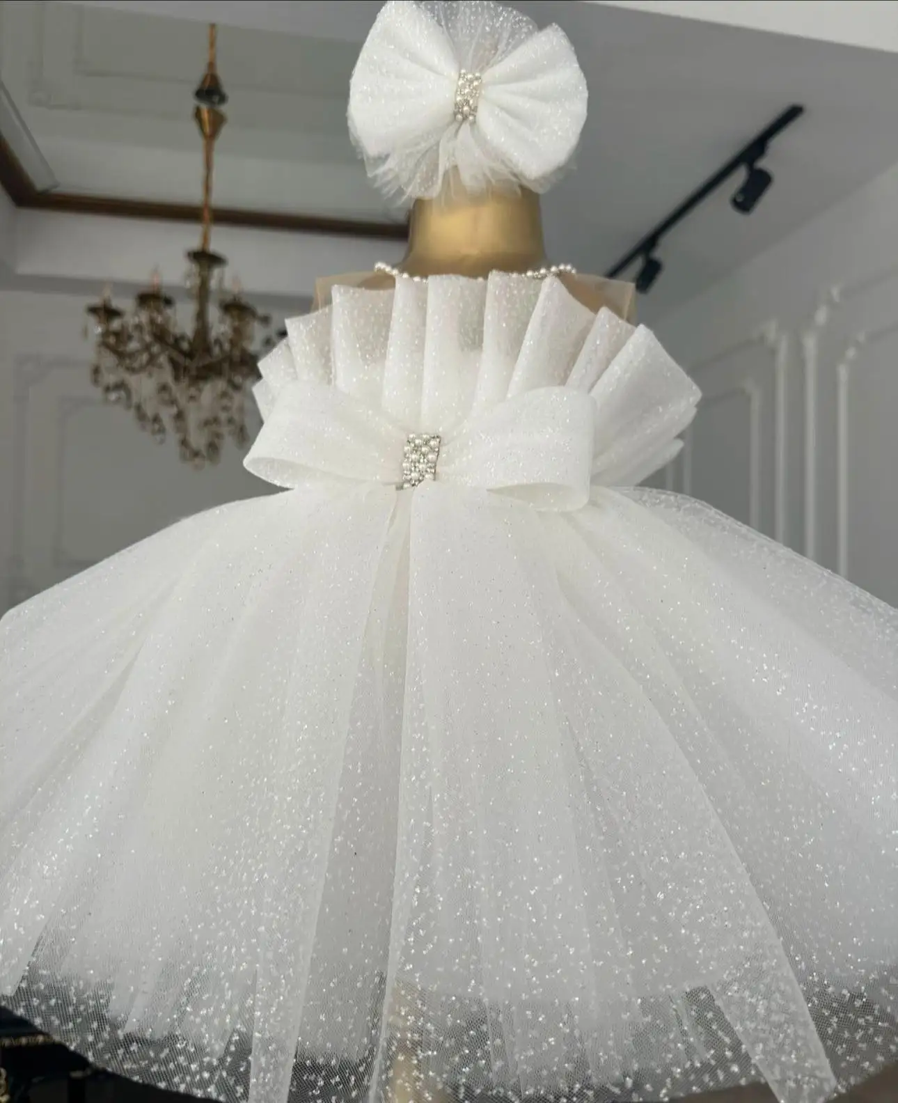 White Pearls Flower Girl Dresses For Wedding Customized Bow Back Litter Kids Baby Birthday Gowns First Communion Dresses