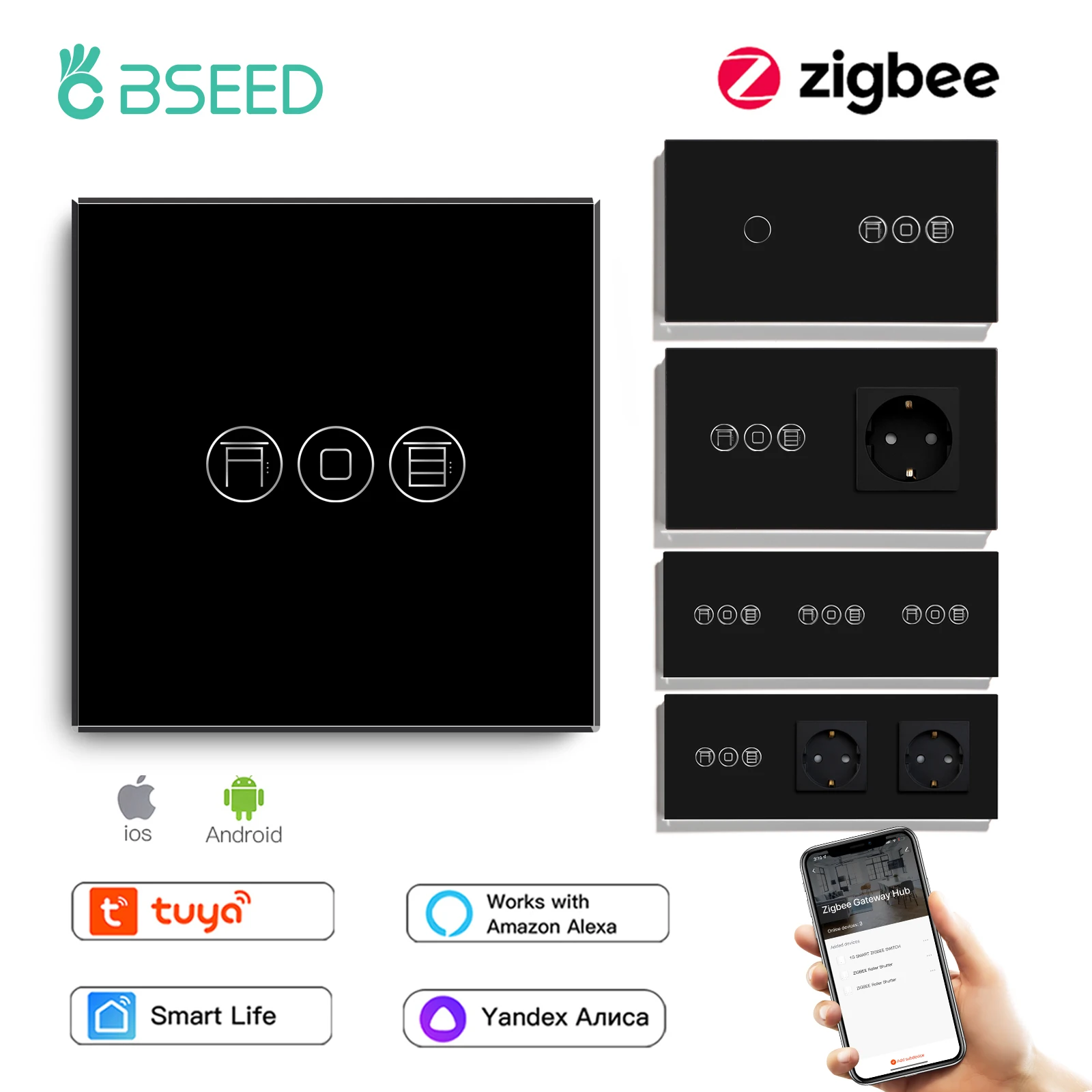 BSEED Zigbee Roller Shutter Switch Smart Light Wall Switches Electric Blinds Switch With EU Socket Support Tuya Smart Life Alexa