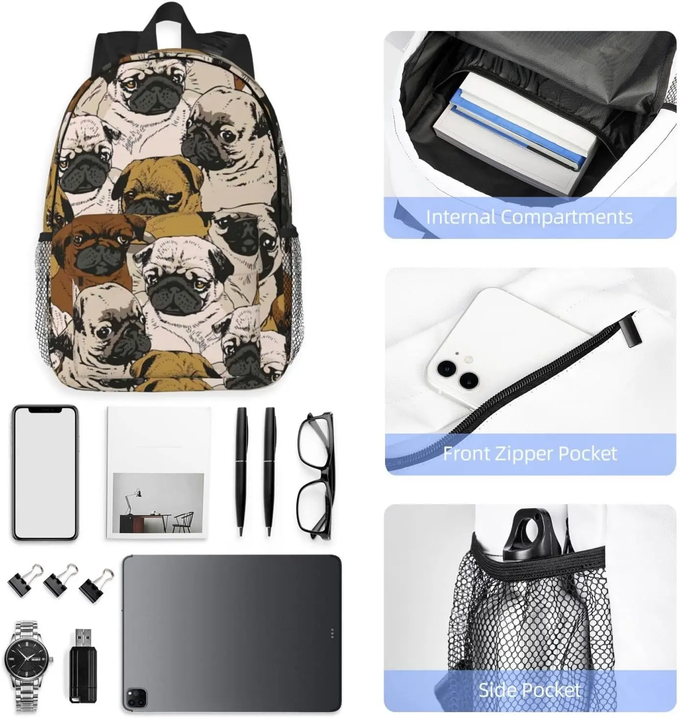 Pug Print Adults Backpack Lightweight Backpacks For Hiking Work Laptop Backpack Men Women