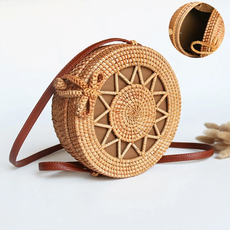 Rattan Woven Round Crossbody Bags Women Handbag Luxury Designer Handmade Straw Beach Bag Female Bohemian Shoulder Bag Bali Box