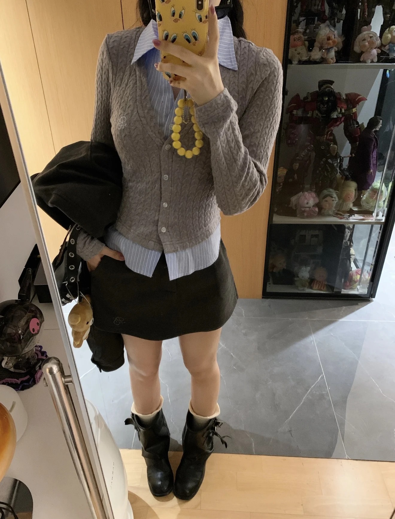 Preppy Style 3 Piece Set Women Cropped Jacket Striped Shirt Knit Vest High Waist Bodycon Mini Skirt Female Korea Fashion Outfits