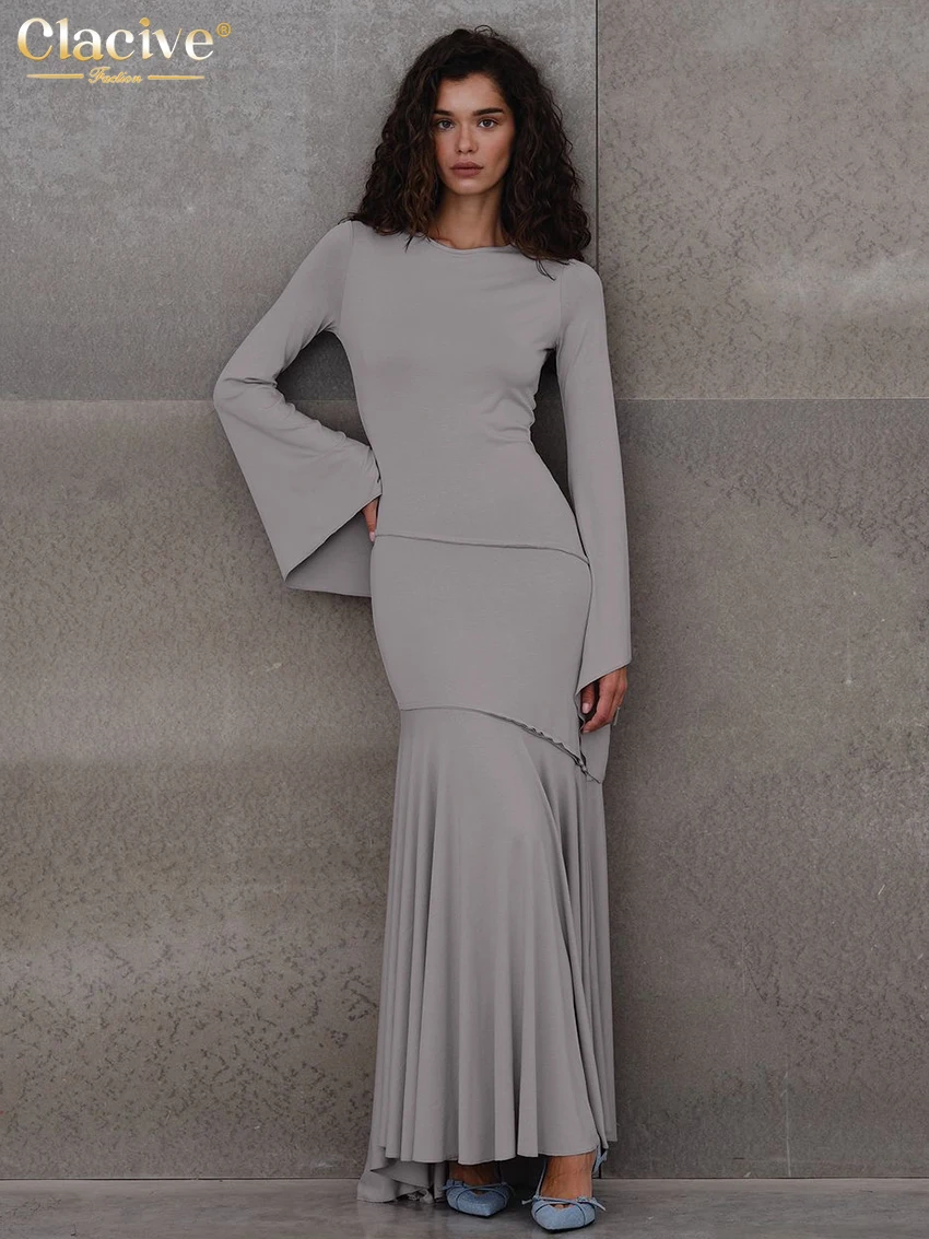 

Clacive Fashion Slim Gray Knitted Women Dress 2025 Bodycon O-Neck Long Sleeve Ankle Length Dresses Elegant Classic Female Dress