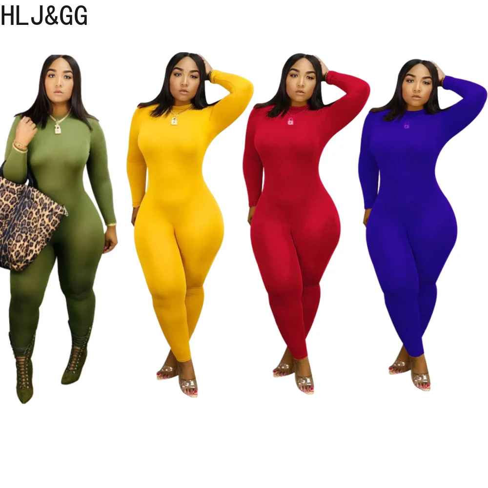 

HLJ&GG Autumn Solid Color Elasticity Bodycon Jumpsuits Women High Collar Long Sleeve Skinny Pants Pluysuit Female Sporty Overall