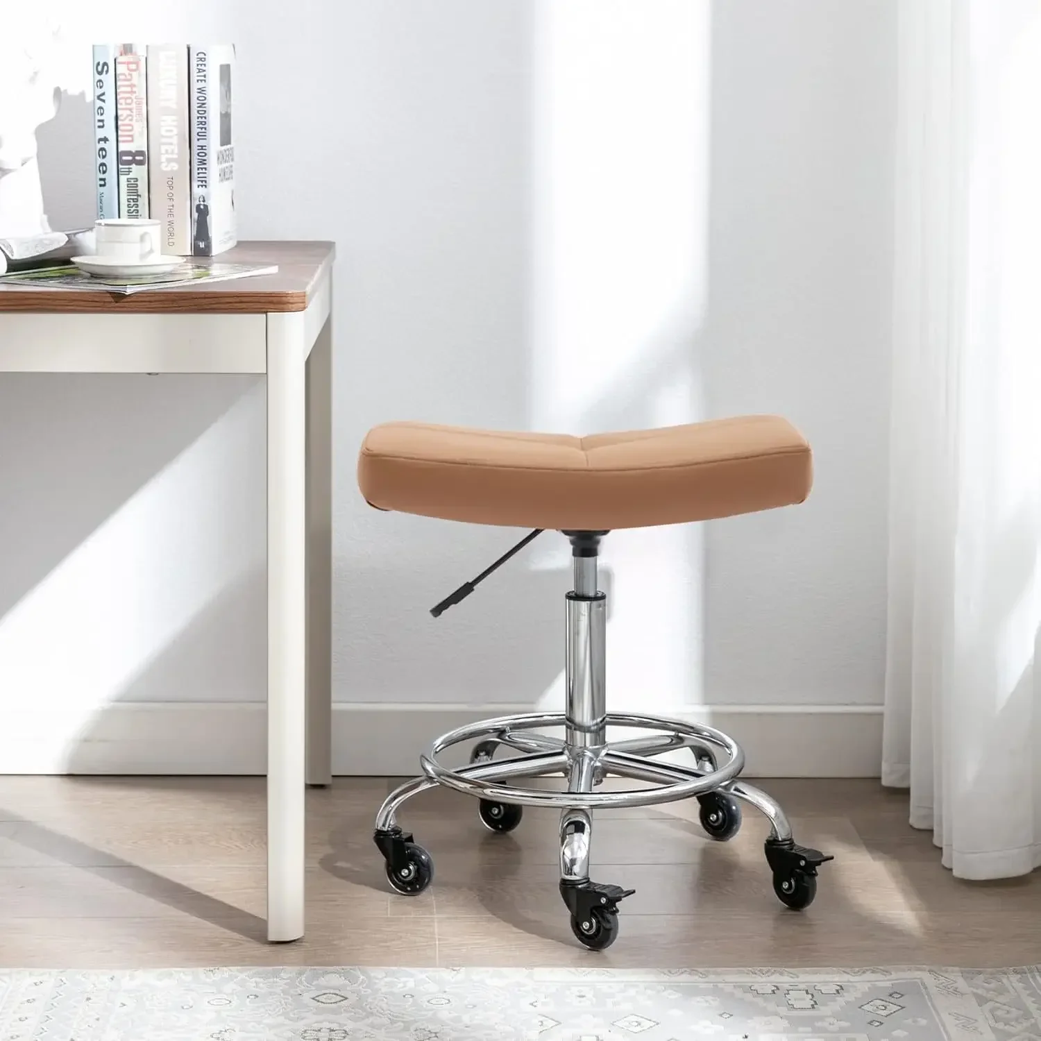 

Wide Rolling Stool with Locking Wheels Footrest Adjustable Height Swivel for Salon Kitchen