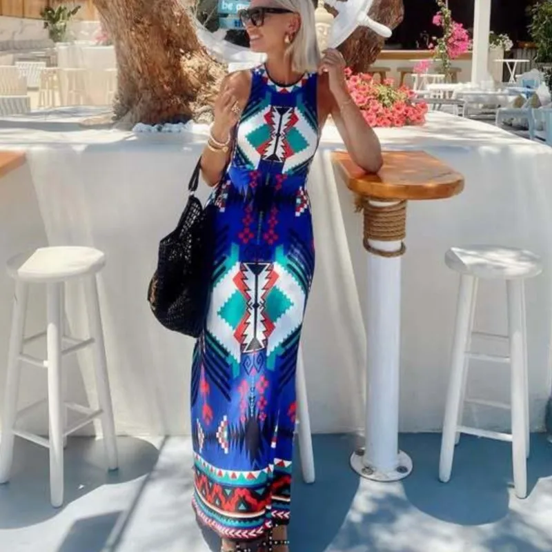 Summer Sleeveless Vacation Long Dresses For Women 2025 New Vintage Geometric Pattern Print A-line Slim Beach Party Vest Dress