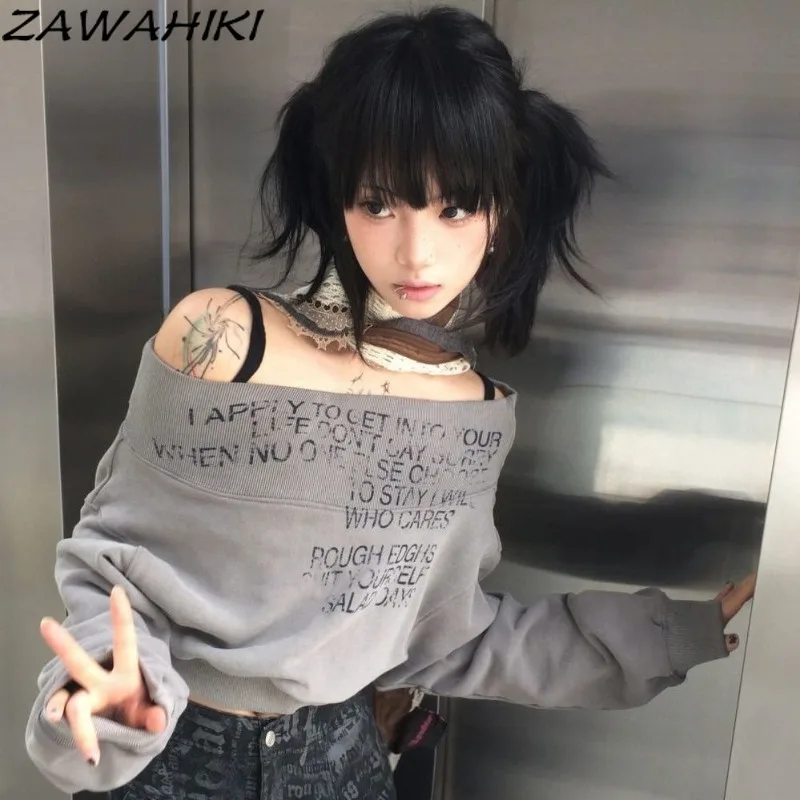 

ZAWAHIKI Sweatshirt Y2K Aesthetic Slash Neck Fall Winter Chic Designed Slim Letter Print Kpop Clothes Casual Fashion Vintage Top