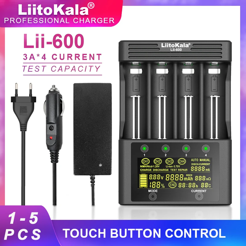 

1-5PCS LiitoKala Lii-600 Para Li-ion 3.7V e NiMH 1.2V AA AAA Para 18650 26650 21700 26700 Carregador De Bateria De Lítio