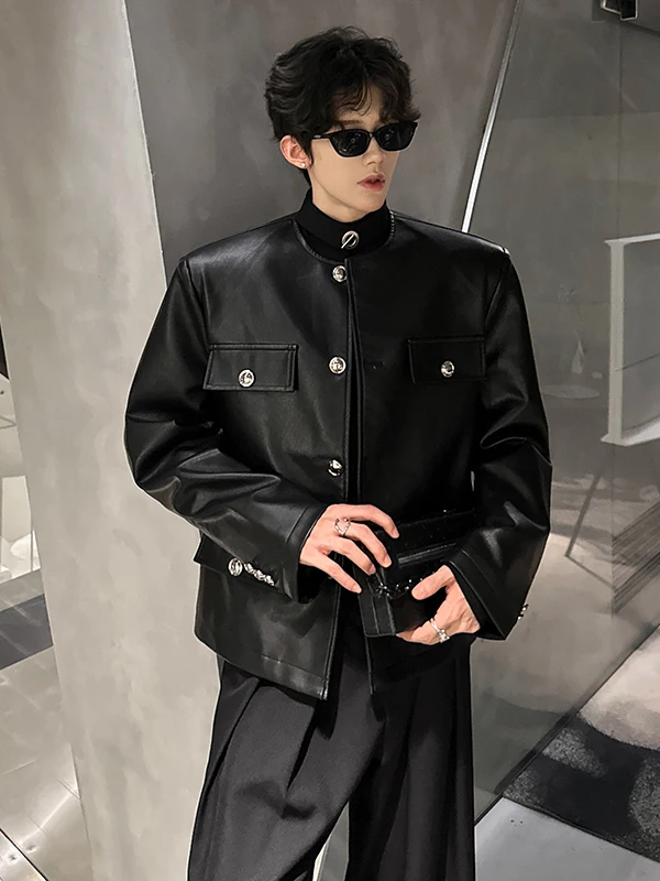 

Cleanfit ort oulder Pad Leather Jaet Men's Sle No Collar Motorcycle Vest High Waist PU Material Luxury Sensation