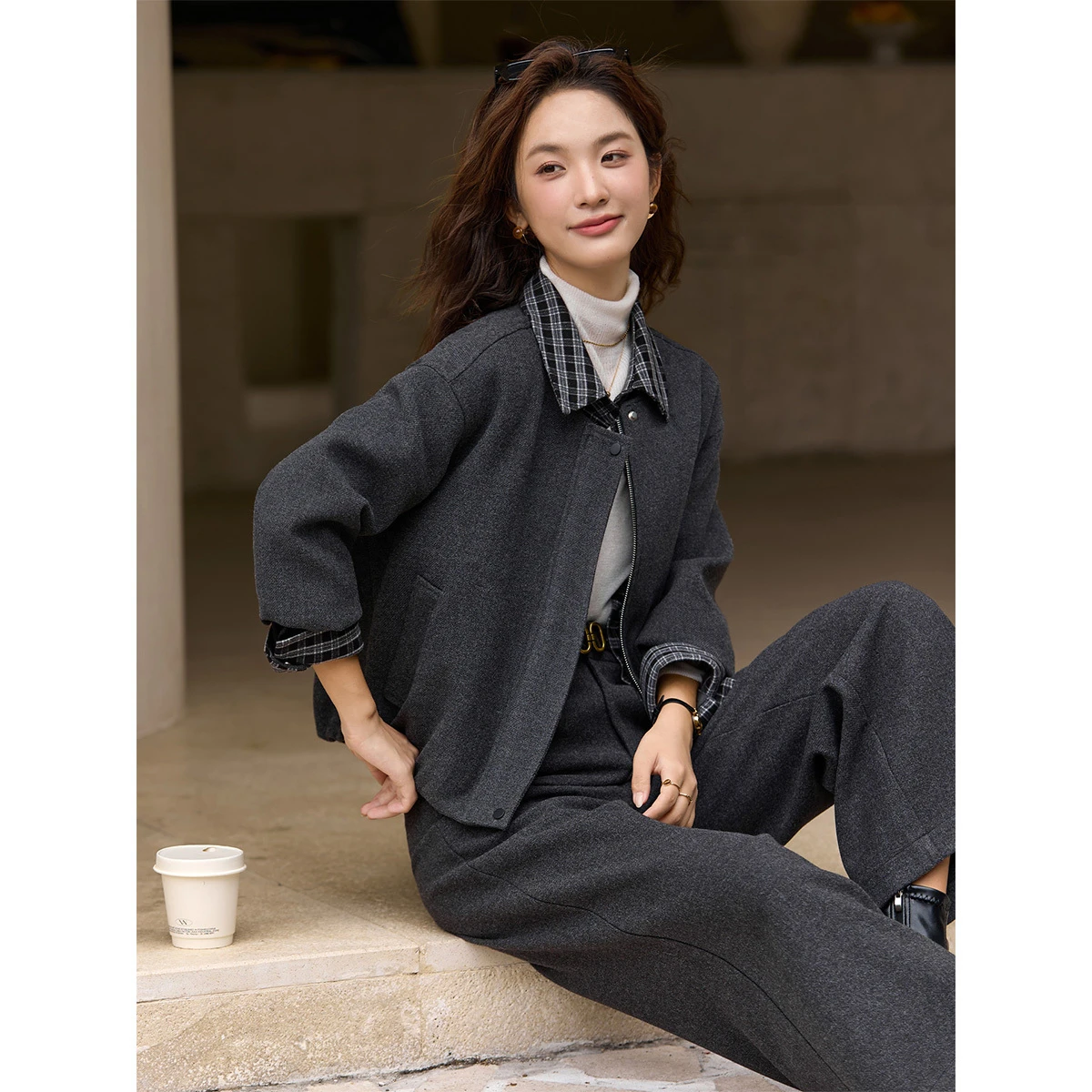 VIMLY Cappotti da donna 2025 Inverno Retro Falso in due pezzi Colletto corto con risvolto Plaid Splice Giacca Allentata Dritto Abiti femminili A3310