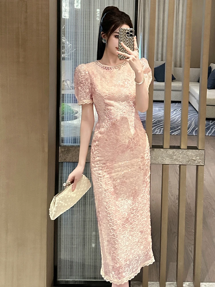 Celebrity Socialite Birthday Party Dress Women Sweet Exquisite Diamond Pearl Bright Sequin Bandage Bow Midi Robe Banquet Vestido