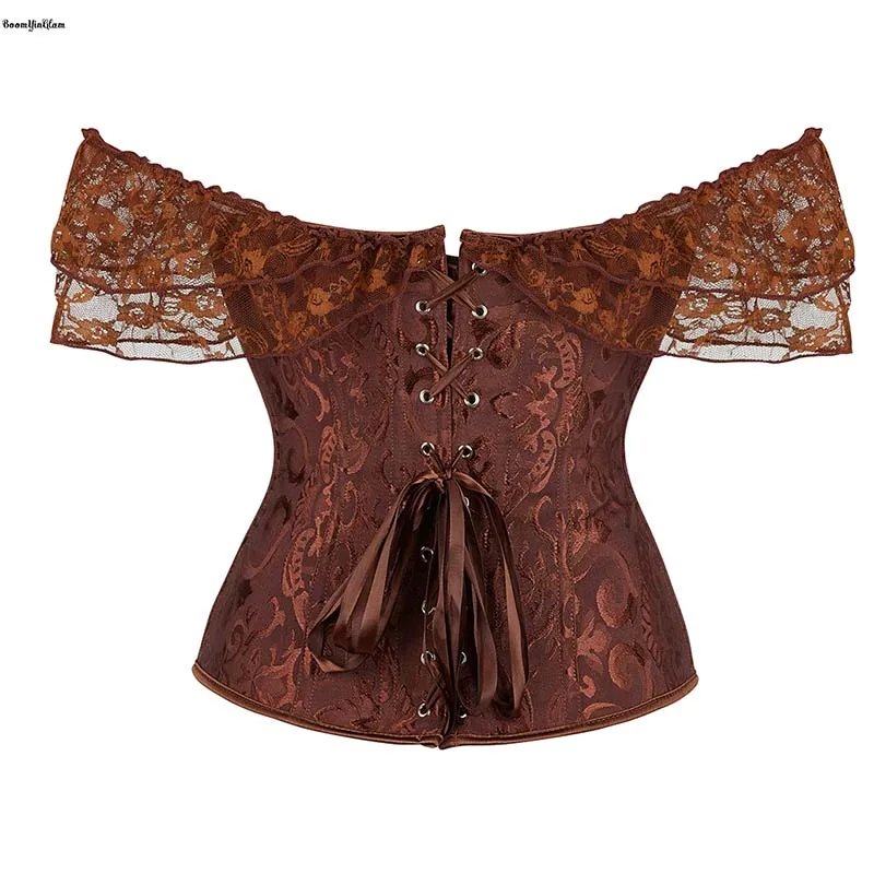 Front Busk Closure Brown Steampunk Women Clothing Victoria Corselet Floral Lace Up Bone Jacquard Pleated Corset With Puff Sleeve