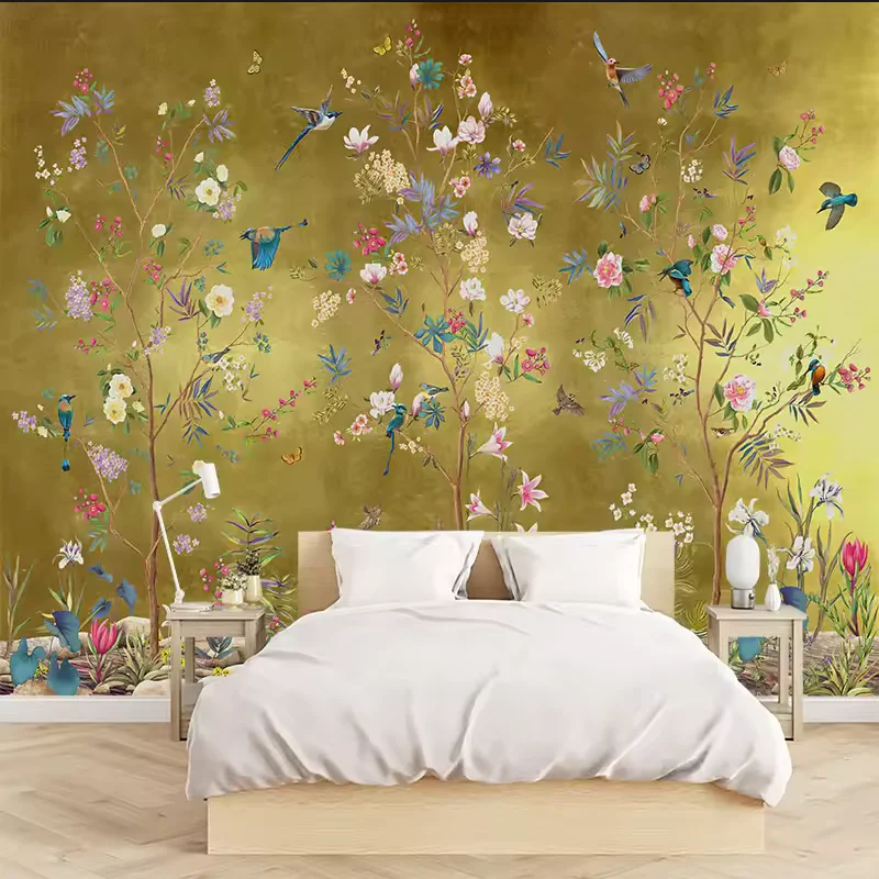 New Chinese style meticulous hand-painted flowers, birds, trees, flowers, customized 3D mural wallpaper, self-adhesive bedroom