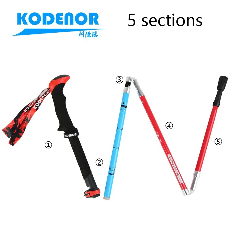 2pcs KODENOR Hiking Pole Carbon Walking Stick 5 fold parts Alpenstocks Outdoor Camping Mountain-climbing