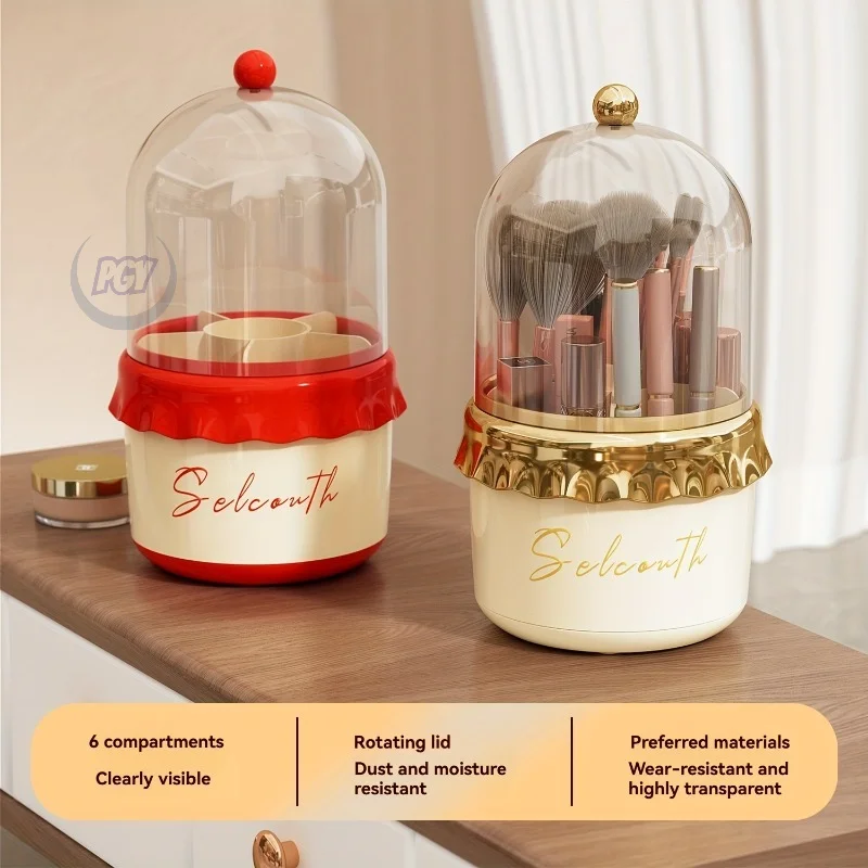 

360 ° Вращающаяся косметическая витрина с прозрачной крышкой, пластиковый стол с 6 отделениями, органайзер для макияжа для кистей для помады