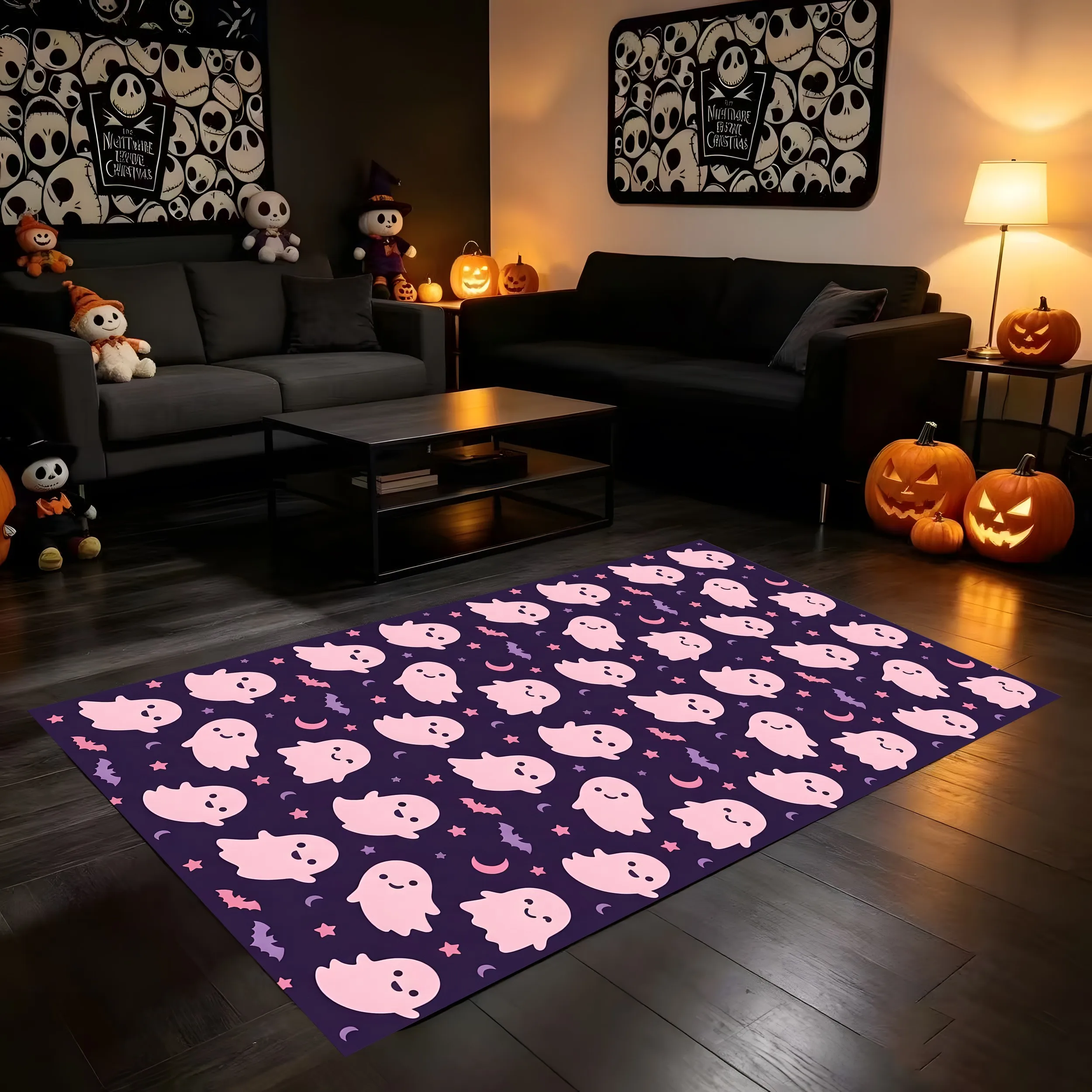 2D Carpet Pink Ghost Star Moon Bat Prints Full Sweet Cool Cartoon Style Cute Eye Catching Creating Fun Halloween Atmosphere