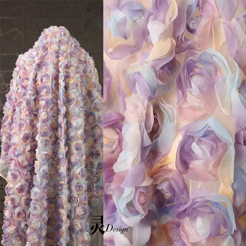 

Сетчатая вышитая жаккардовая ткань с розой и градиентом, фоновая сумка, дизайнерское свадебное платье, материал для шитья своими руками по метрам