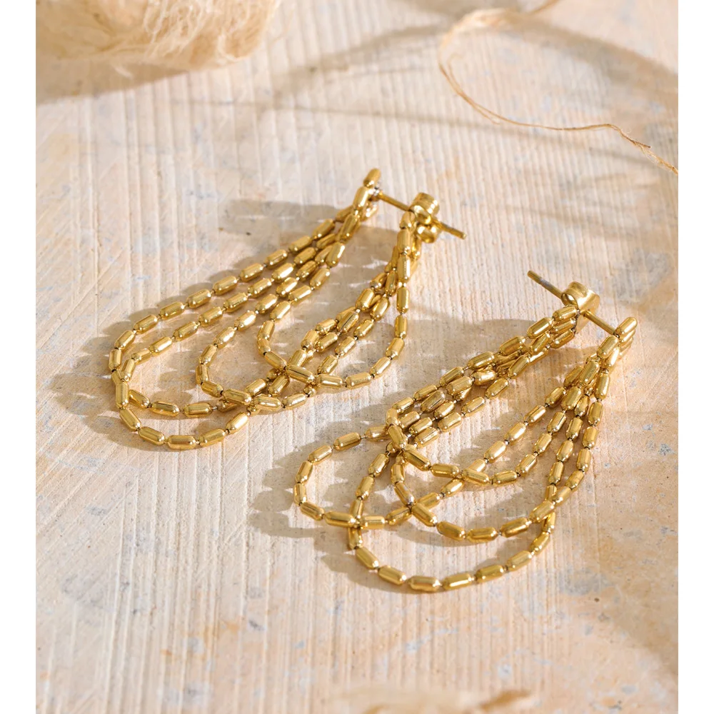 Yhpup Stainless Steel Tassel Beads Chain Drop Hoop Earrings Anti Allergic 18K Gold Color PVD Plated Casual Jewelry