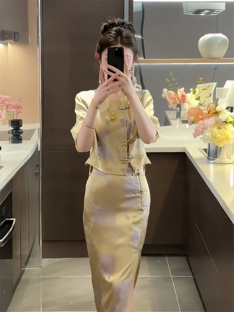 Immagine 7: Completo tailleur due pezzi elegante e vintage da donna, con stampa artistica e letteraria, stile cinese, per l'ufficio, collezione 2026