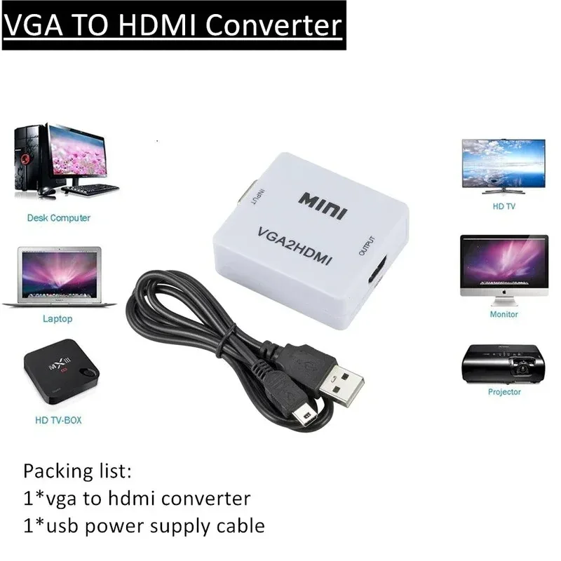 1080P VGA to HDMI-Compatible Video Adapter Connector VGA2HDMI Mini VGA to HDMI-Compatible for PC Laptop to HDTV Projector