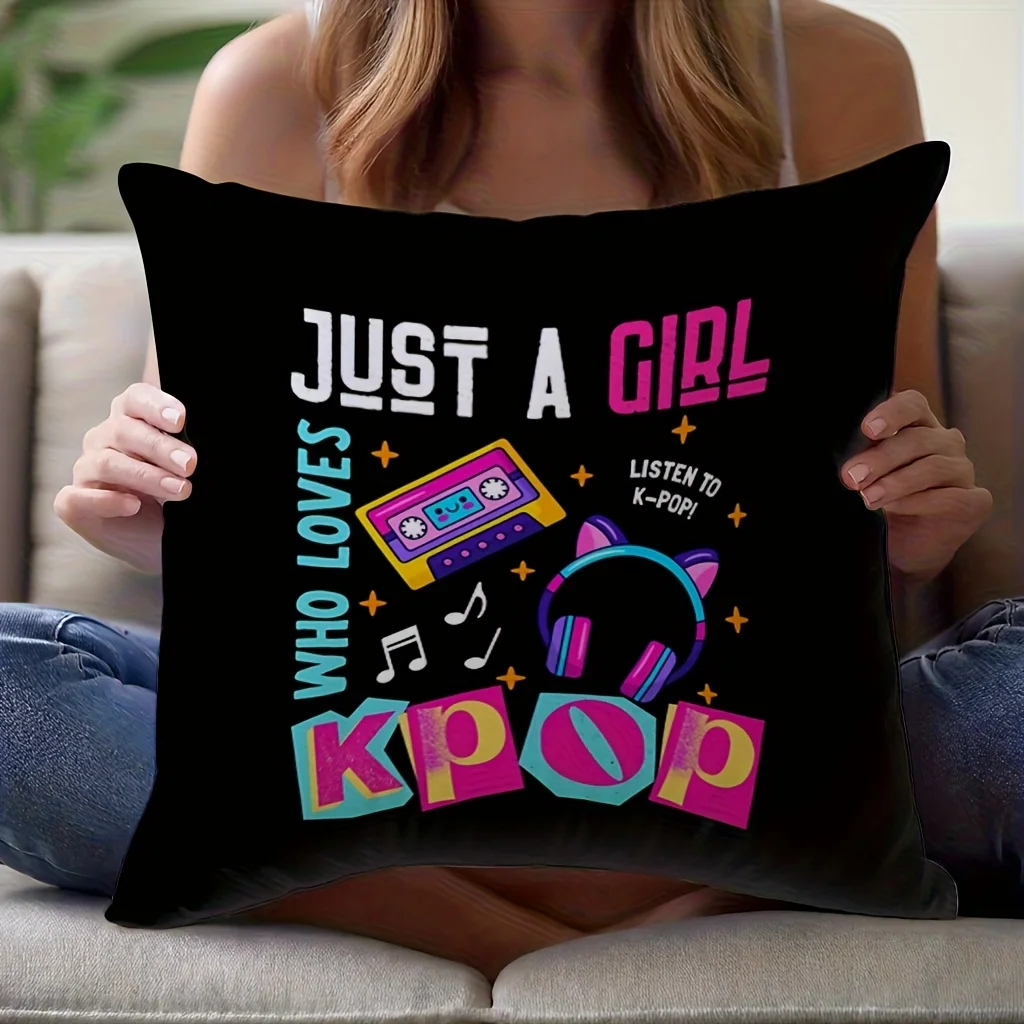 1pc Kpop Lover Quote Pillow Cover, Polyester 2-sided Print, Colorful Music & Headphones Design, K-pop Fan Room Decor Gift