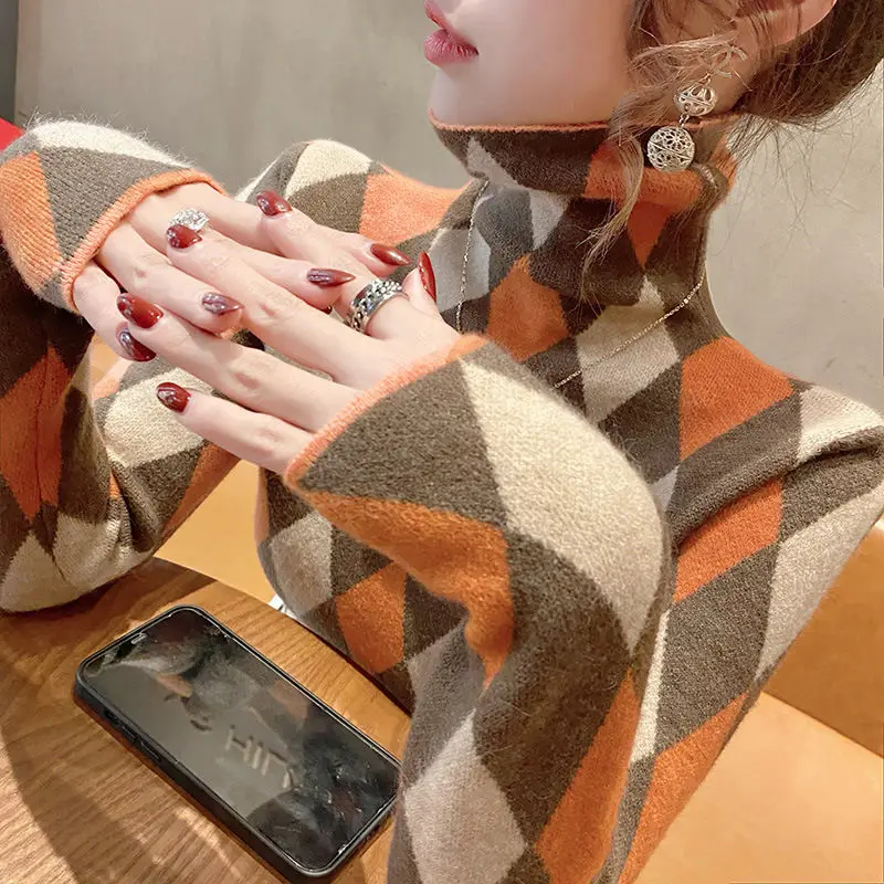 Vintage Turtleneck Geometric Bottoming Shirt Women Autumn Winter Fashion Loose Sweater Simplicity Office Lady Knitwear Tops