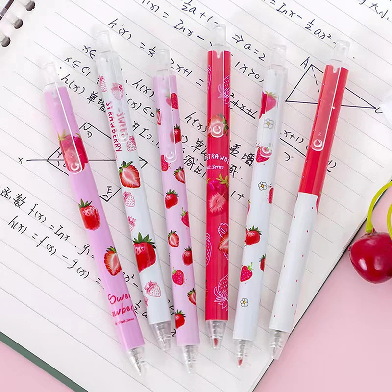 6Pcs Sweet Strawberry Retractable Gel Pens 0.5mm Black Ink Writing Pen Kawaii School Supplies Office Accessories