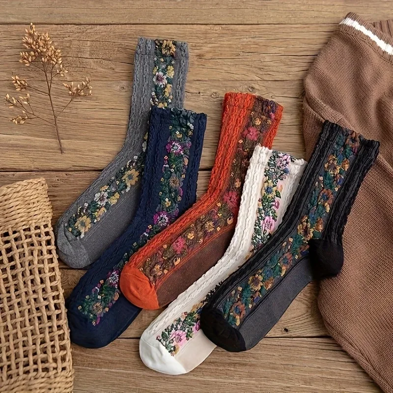5Pair Vintage Floral Slouchy Socks, soft breathable, sweat-absorbent, machine washable, for daily & winter wear.