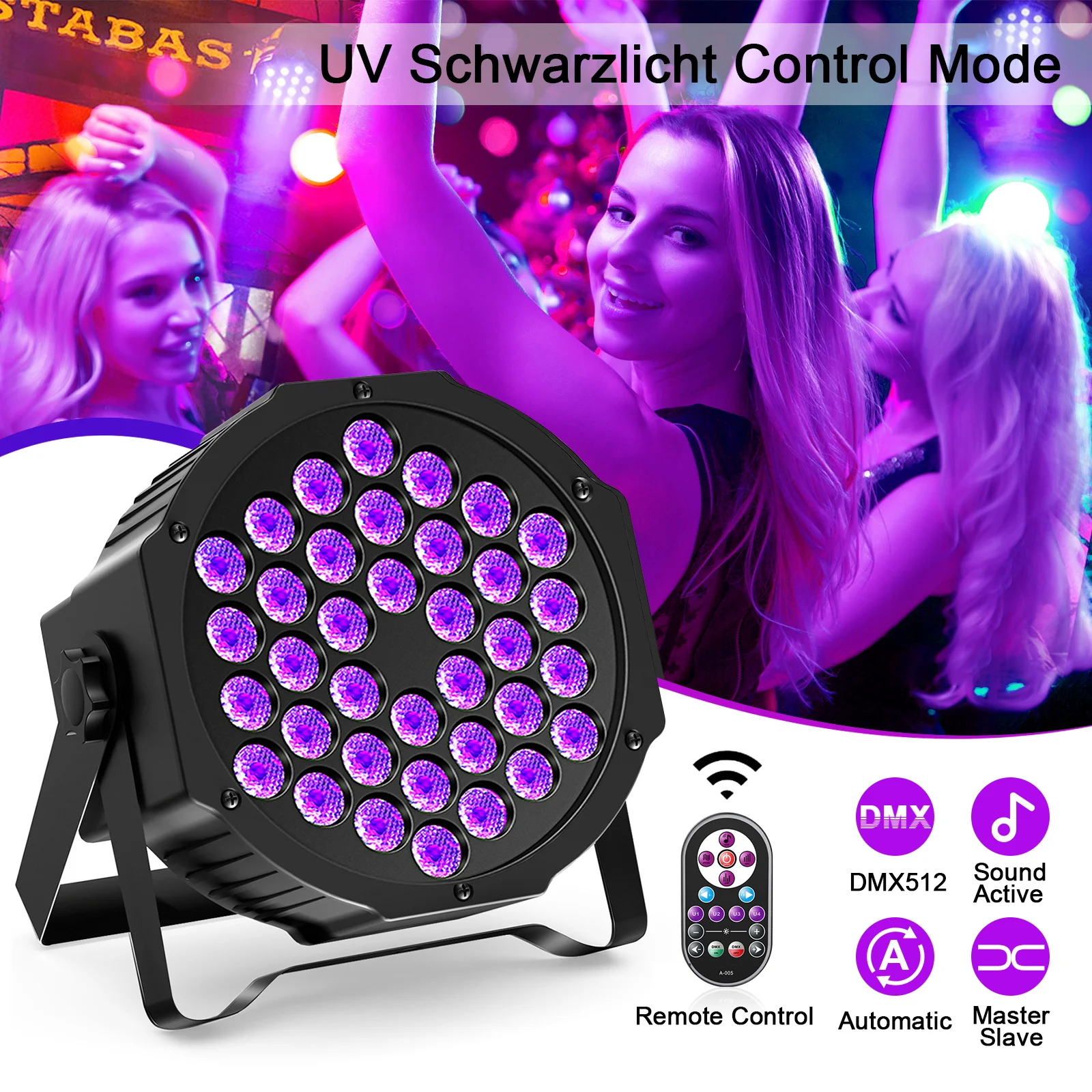 U\'King 4Pcs/Set 36W UV LED Par Lights Blacklight With Remote Controller DMX Stage Lighting For DJ Disco Club KTV Wedding Party