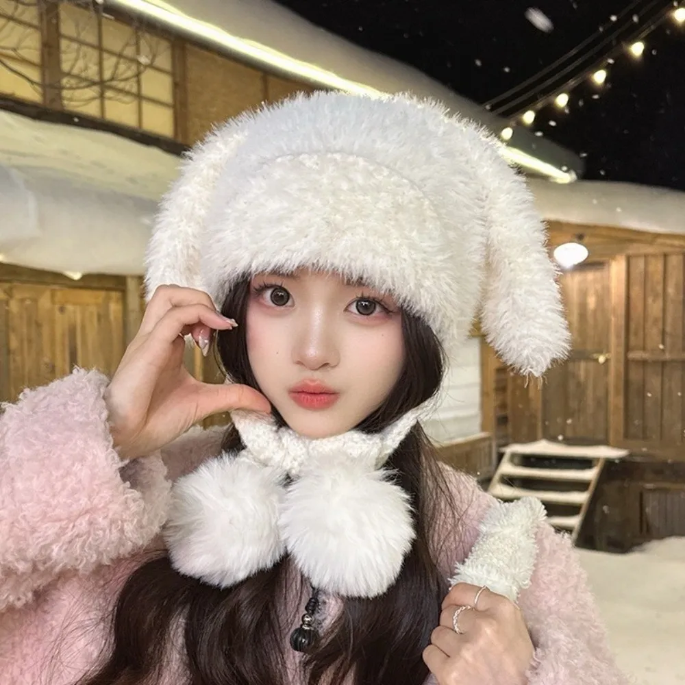Fluffy Texture Bunny Ear Beanie Warm Lining Knit Material Knit Winter Hat Pom Pom Detail Slouchy Style Earflap Pom Pom Hat