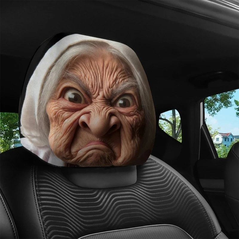 U2JA 2 Pieces Whimsical Old Lady Car Headrest Covers Polyester Comfortable Perfect For Personalizing Your Vehicle
