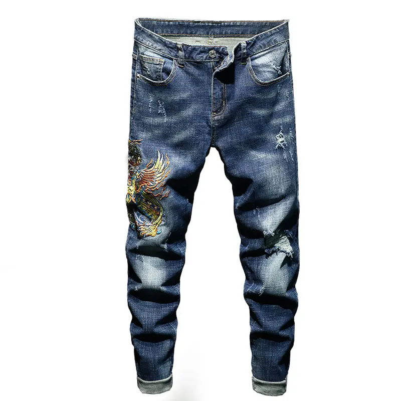 

Pop Slim Mens Jeans Washed Vintage Frayed Ripped Hole Phoenix Embroidery Male Fashion Streetwear Motorcycle Denim Trousers