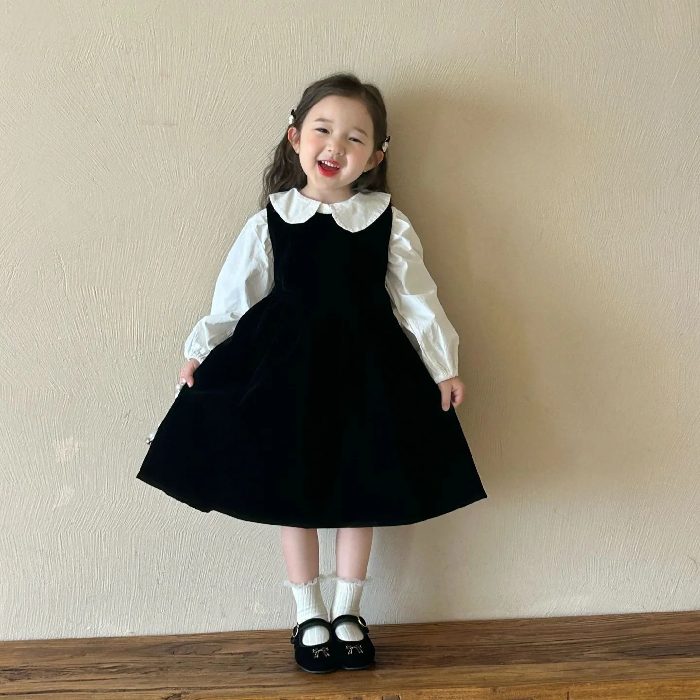 Girls Suit 2024 Autumn New Childrens Wear Korean Style Baby Girl Doll Collar Shirt Princess Velvet Sundress Two-piece Set