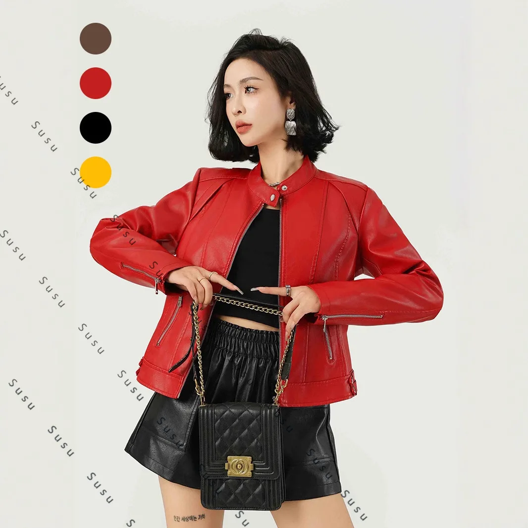 

2025 new fashion women's leather jacket PU short coat stand-up collar spring and autumn thin leather jacket red leather jacket E