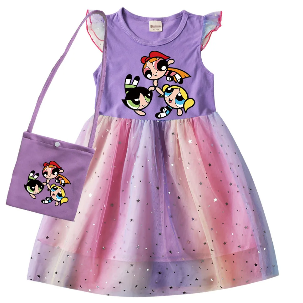 New Summer Kids Clothing P-Powerpuffing Girls Summer Dress Girl Flying Sleeve Dress with Bag Teenage Princess Costume