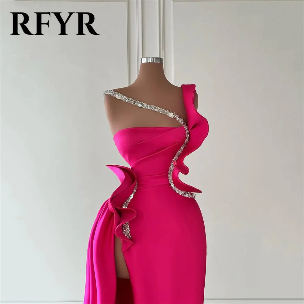 RFYR Fuchsia Stain Mermaid Prom Dresses Side Split Party Dresses Strapless One Shoulder Glitter Wedding Darty Dress Customized