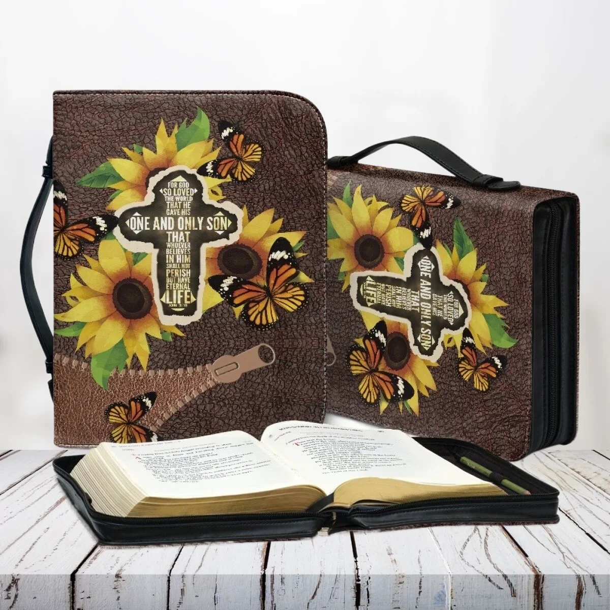 

Bible Vrese Cross Print Bible Cover Case for Women PU Leather Handle Handbag Sunflower Zipper Design Ladies Christian Bags Gifts