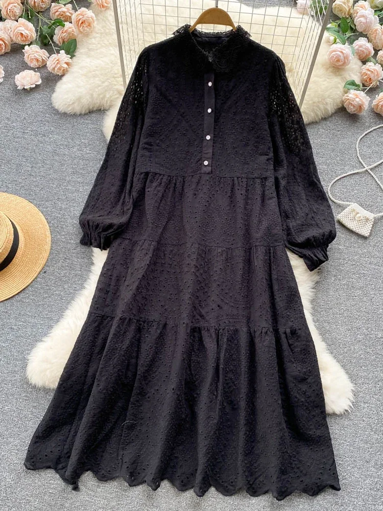 French Hollow Out Casual Dress Women Elegant Lapel Long-sleeved Dresses Spring Autumn Loose A-line Long Robe Vestidos