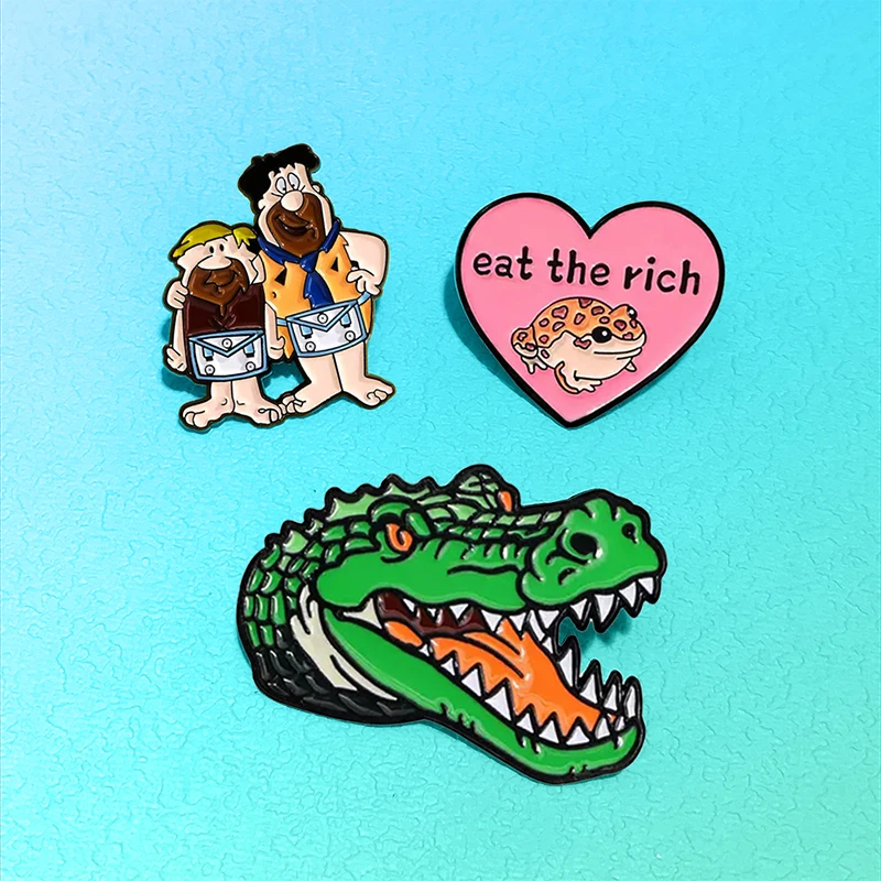 AniPins Funny Hominid Pins 3-design Metal Enamel Cartoon Eat The Rich Frog Crocodile Animal Brooch Pin For Clothes Backpack