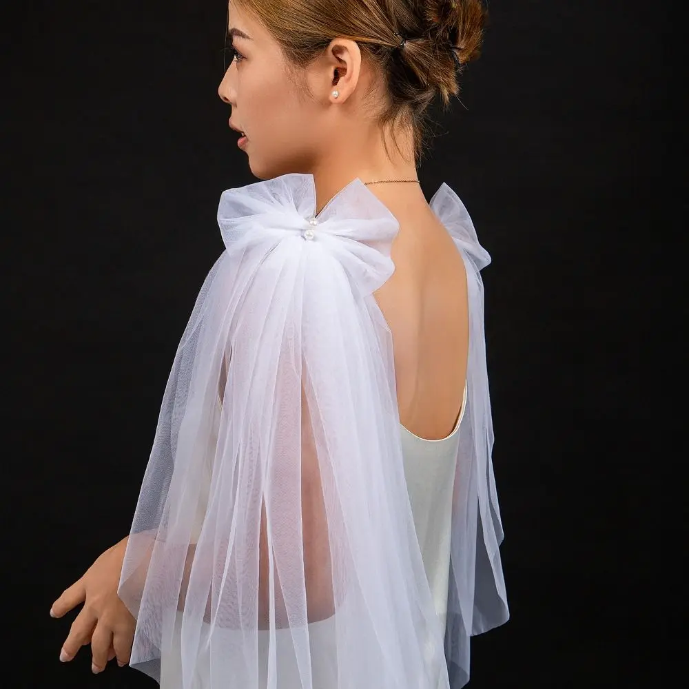 1 زوج مطوي تول العروس فستان الزفاف شال اللؤلؤ لامعة القوس شفافة شال الذهب الشاش اكسسوارات الزفاف