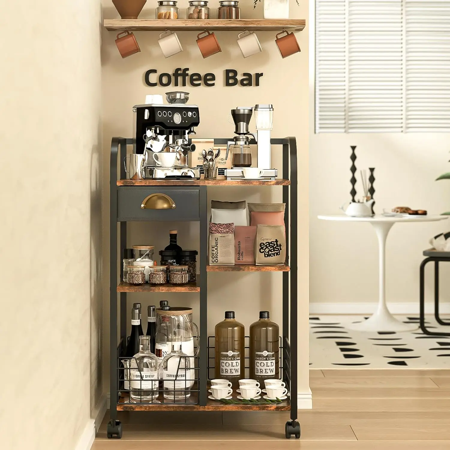 

Coffee Cart With Storage Drawer, Coffee Bar Cabinet With Wheels, 4-Tier Adjustable Mobile Coffee Table, Rustic Wood Coffee Bar