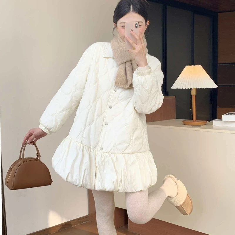 American Vintage Ruched Ball Gown Parkas New Warm Thicked Sweet Small Fellow Coat Slim Waist New Office Lady Moda