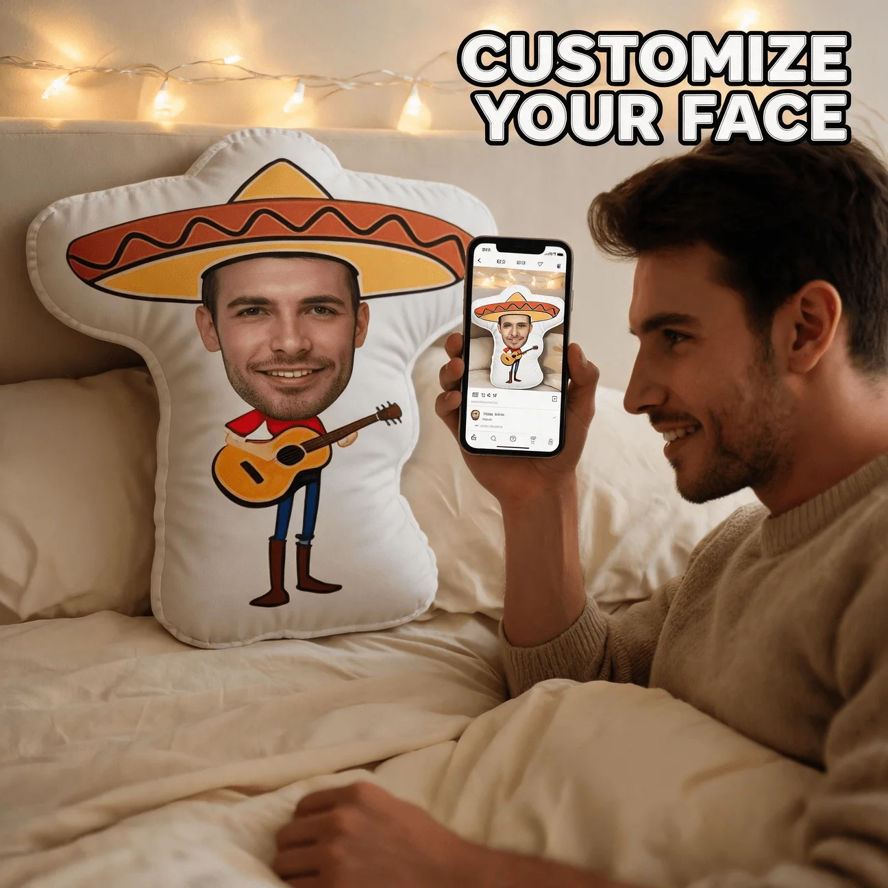 Personalized Mariachi Guitarist Pillow with Custom Photo/Name/Text - Sombrero Cushion Suitable for Sofa & Bed Decor, -Themed Gif