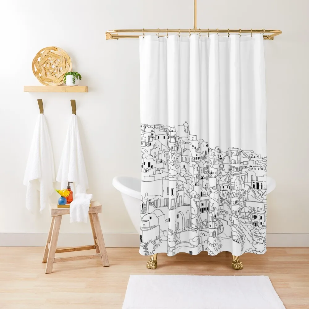 

Santorini Black White Greece Greek Art Shower Curtain Shower Bath Shower For Bathroom Set Bathroom Decor Bathroom Fabric Curtain