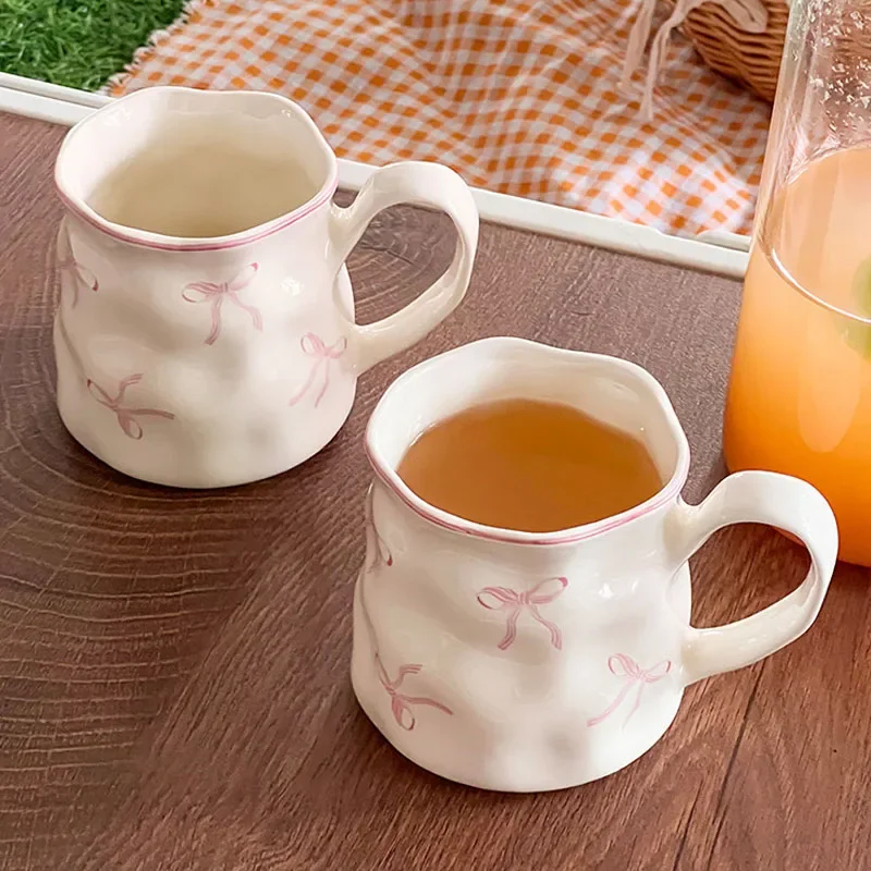Pink Bow Coffee Cup 400ml Ceramic Coffee Mug Cute Coquette Tea Milk Cup for Office and Home Christmas Birthday Gifts for Girls
