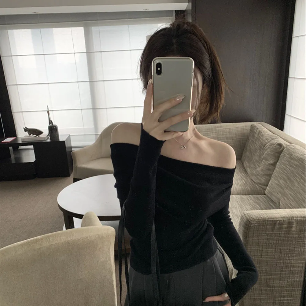 Sleek Silhouette Women's Stylish Slim Fit Off Shoulder Tee With Practical Long Sleeves For Casual Days Out In Cooler Weather